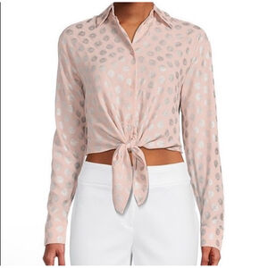 Michael Kors Women’s Button-Down Shirt Tie-Front Metallic Leaf Print Pink Silver